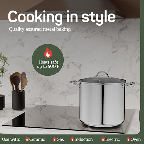 Stainless Steel Stockpot with Tempered Glass Lid 20 Quart, Durable 18/0 Stainless Steel, Impact-Bonded Base for Even Heating, Riveted Handles, Oven & All Stove Compatible, Safe Up To 500°F (260°C)
