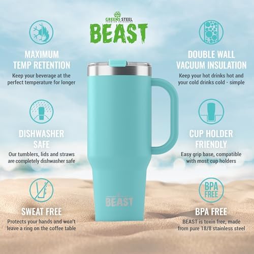 Beast 50 oz Tumbler with Handle Stainless Steel Vacuum Insulated Coffee Ice Cup Double Wall Travel Flask (Aquamarine Blue)
