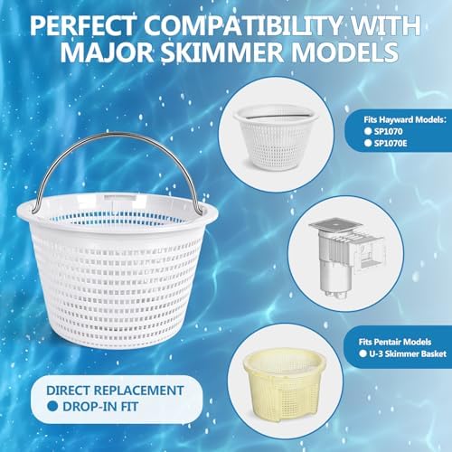 2 Pack Pool Skimmer Baskets Replacement for Inground Pool Compatible with Hayward SP1070 / SP1070E and U-3, Heavy-Duty with 316 Stainless Steel Handle and Built-in Weight for Filtering Debris