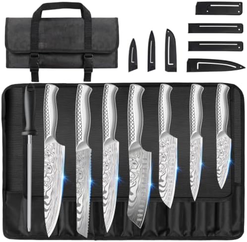 MOSFiATA Kitchen Knife Set 9 PCS with Foldable Roll Bag, Pro Stainless Steel 5Cr13MoV Ultra Sharp Santoku Knives with Honing Rod, Dishwasher Safe butcher Knife Set for Cooking Outdoor Travel