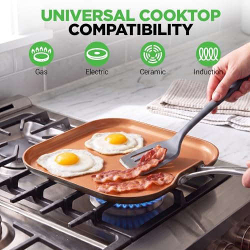 NutriChef Copper Pan Non-Stick Coating Inside, Hard-Anodized Look Heat Resistant Lacquer Outside, Silicone Handle NCSQPA, 1 Griddle