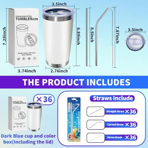 HAOLI 36 Pack Bulk 20oz Stainless Steel Tumblers, Lids & Straws, White