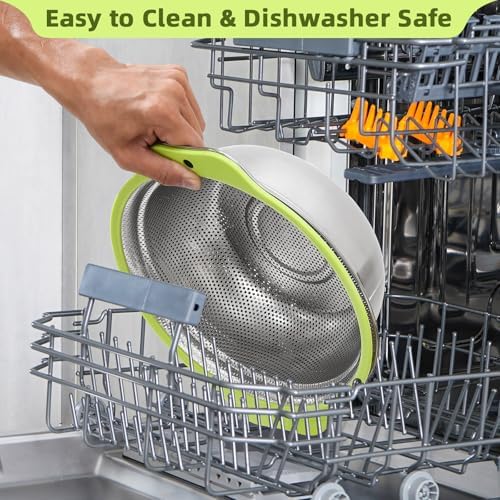 Colander Stainless Steel Microporous, 2QT Rice Strainer with Mixing Bowl, Rice Washer Bowl Set with Handle, Food-Grade Strainers and Colanders for Kitchen, Pasta, Fruit, Dishwasher Safe