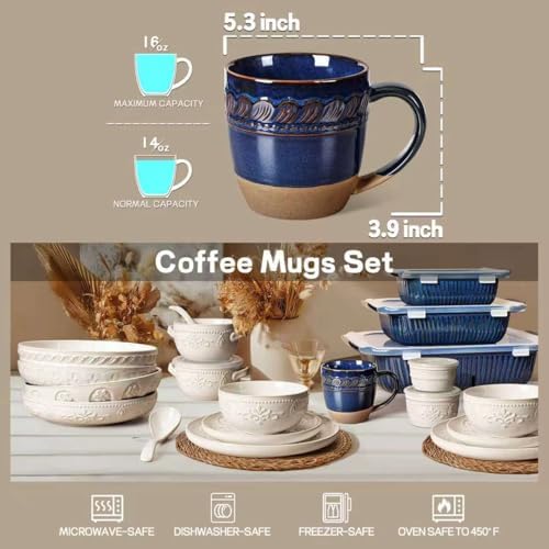 Artena Ceramic Coffee Mugs Set of 4, 16oz Embossed Large Latte Mugs Coffee Cups with Handle for Tea, Latte, Cappuccino & Cocoa, Milk Dishwasher & Microwave Safe, Blue (Willow Leaf)
