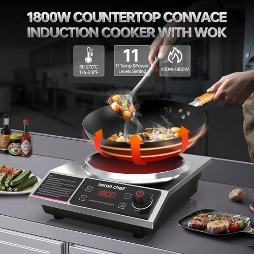 leconchef Induction Cooker with Wok 1800W Professional Electric Induction Burner with 11-Level Setting for Cooking,24-hour Timer and Preset,Keep warm,14" Carbon Steel Wok Included