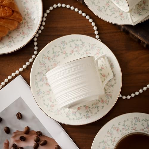 Country Roses Porcelain Tea Cup and Saucer Set with Gold Trim, Vintage Style, For Women and Tea Parties (1, G)