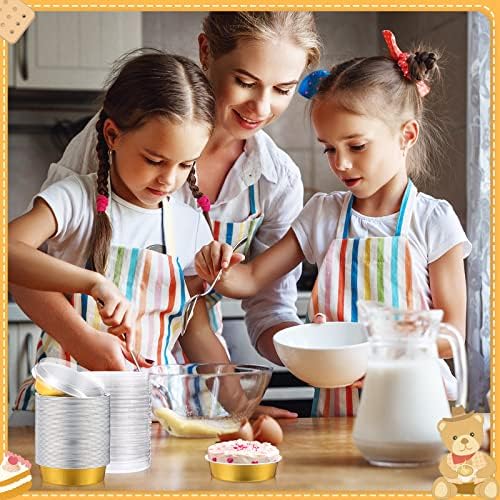 Yinder 120 Pcs 8 oz Disposable Creme Brulee Ramekins with Lids, 4 Inch Mini Pie Tins Aluminum Foil Pie Tart Cake Baking Pans Individual Round Containers Oven Safe (Gold)
