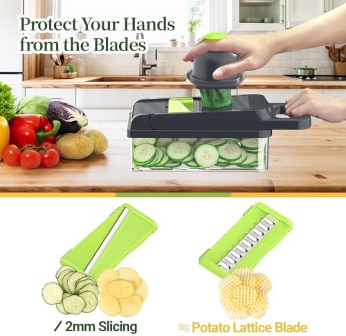 15-in-1 Vegetable Chopper 10 Blades, Veggie Cutter with Handle, Green/Grey