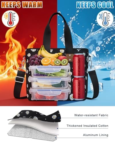 Capolo Lunch Bag for Women,Large Insulated Lunchbox Tote Reusable,L-Daisy