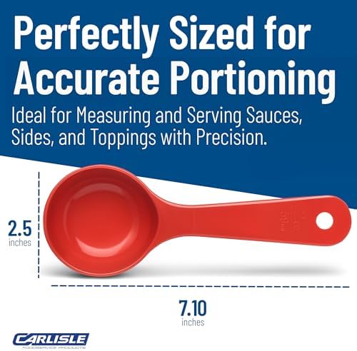 Carlisle FoodService Products 7.10 " 2 Ounce Solid Measuring Spoon – Flat Bottom – Portion Control Spoon – Short Handle Spoon, Red, (Pack of 12)