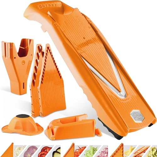 Mandoline Food Slicer Börner V5 (Profi Set) by Reston Lloyd • V-Slicer with 4 Inserts, Docking Station & Food Holder • Made in Germany • Fruit & Vegetable Chopper • Multiple Settings • Color: Orange