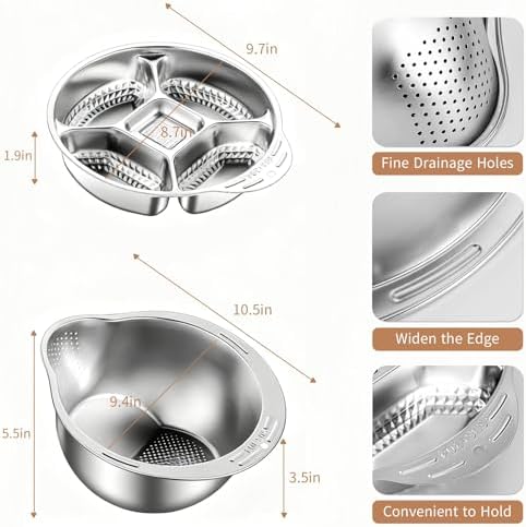 Rice Washer Strainer Bowl with Vegetable Divider Tray, Stainless Steel Rinser Washing Bowl, Small Colander Rice Strainer Versatile Kitchen Tool for Quinoa, Vegetables, Fruits, Beans Cleaning