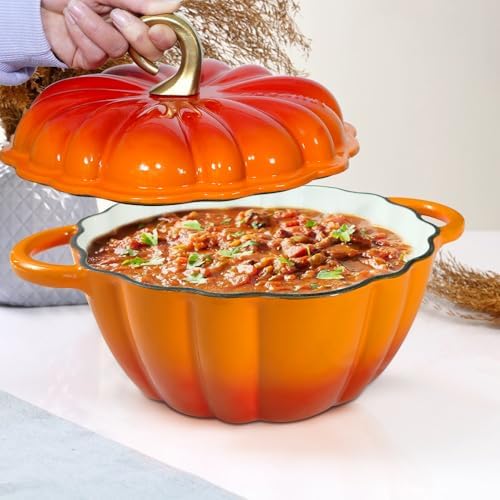 Pumpkin Enameled Cast Iron Dutch Oven with Lid, 4.5 QT Heavy Duty and Dual Handles Pot, Serves 3-5 and Oven Safe for Bread Baking, Braising, Cooking Soup and Family Gifts, Orange