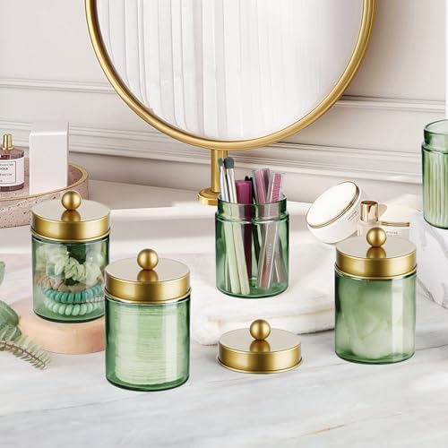 Amolliar Green Glass Apothecary Jar, Qtip Holder Bathroom Decor Gold 4 Pack
