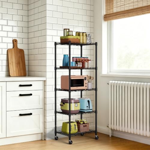 REGILLER 5-Wire Shelving Metal Storage Rack Adjustable Shelves,Standing Storage Shelf Units for Laundry Bathroom Kitchen Pantry Closet(Black,11.8" D x 16.6" W x 53.5" H,With Wheels)