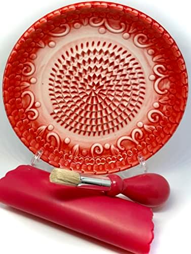 BonCera, Premium Ceramic Garlic Grater Plate Set - Red Embossed