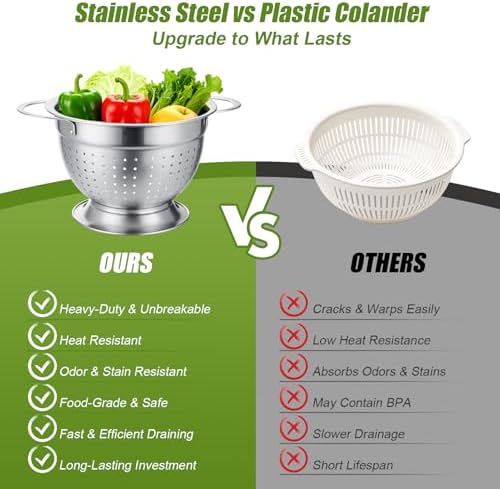 Palksky Stainless Steel Colander Set of 3, Nesting Metal Strainers with Handles and Raised Base, 7/8.7/11 Inch Kitchen Colanders for Pasta, Vegetables, Fruit, Rice, Salad and Meal Prep