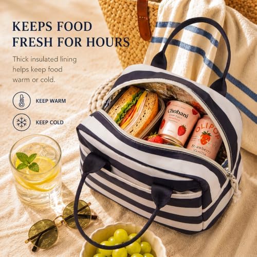 LOVELYWIND Lunch Box for Women, Insulated Lunch Bag, Navy Stripe Tote