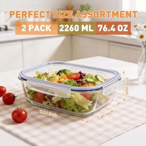 Liuruiyu 2 Pack 2260ml/76.4oz Glass Food Storage Containers with Lids, Meal Prep Containers, Airtight Bento Boxes with Leak Proof Locking for Microwave, Oven, Freezer and Dishwasher, BPA Free