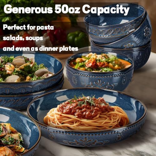 Artena Pasta Bowls, 50oz Large Salad Serving Bowls, 9.75'' Plates Bowls Set of 4, Big Ceramic Soup Bowls for Kitchen, Embossment Shallow Dinner Bowl, Microwave Dishwasher Safe, Pinwheel Flower, Blue