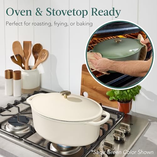 Best Choice Products Oval 7.5 Quart Enamel Cast-Iron Dutch Oven, Heavy-Duty Pre-Seasoned for Baking, Cooking w/Side Handles – Vanilla Buttercream
