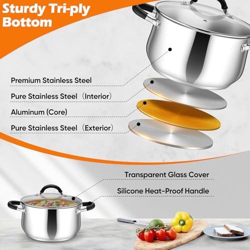 P&P CHEF 5 Quart Stainless Steel Stock Pot, Cooking Pot with Visible Lid