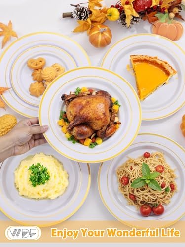 WDF Partyware 175PCS White and Gold Plastic Plates - Gold Plates with Rolled Napkins for Party - 25Guest Disposable Dinnerware Sets for Wedding/Baby Shower/Birthday