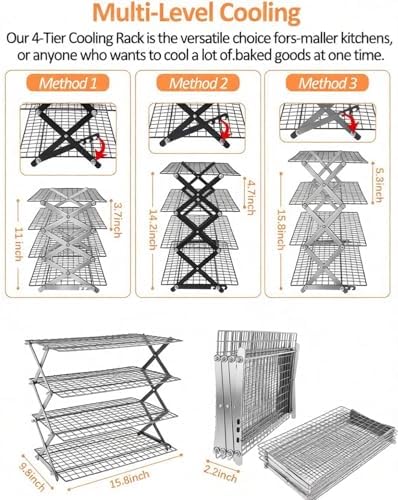 4 Tier Collapsible Cooling Rack, 2/3/4-Tier Upgraded,Adjustable ＆ Stackable Baking Rack, 5 Modes Cooling Racks for Cooking and Baking, Roasting ＆ Grilling Gifts for Picnic Party