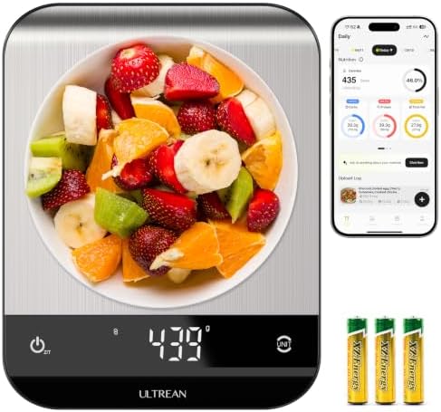 Ultrean Smart Food Kitchen Scale with Nutritional Calculator, App for Macro & Calorie Tracking, AI Scan, Digital Grams and Ounces for Weight Loss, Rechargeable, Stainless Steel, 33lb /15kg