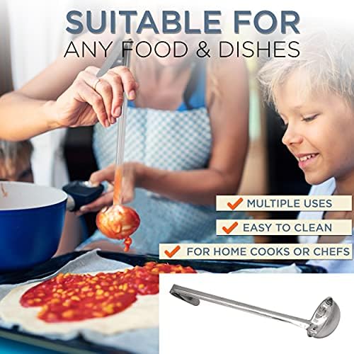 Fit Meal Prep Stainless Steel Soup Ladle - One-Piece Sauce Spatula with Hook Handles, Commercial Grade Serving Spoon, Kitchen Tool for Restaurant or Home Cooking, 13.75” Long - [Pack of 2] 4 Oz
