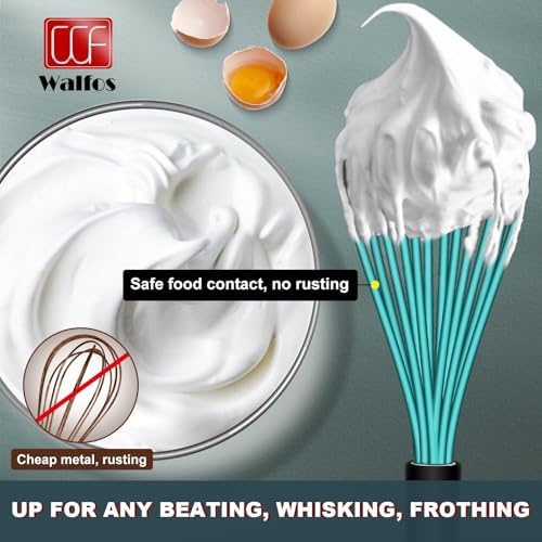 Walfos Silicone whisk,Whisks for Cooking Non Scratch, BPA Free whisk set of 4, 7+9+11in Balloon Whisks & 11in Flat Whisk, Heat Resistant(480°F).Great for Cooking in Pans, Baking, Whisking.Blue
