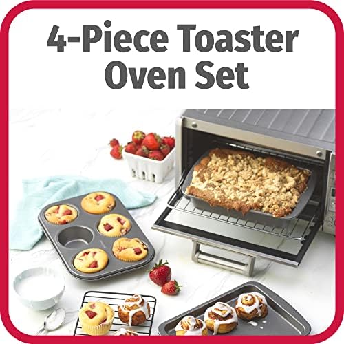 GoodCook 4-Piece Nonstick Steel Toaster Oven Set with Sheet Pan, Rack, Cake Pan, and Muffin_Pan, Gray, Set Distributes Heat Evenly, Nonstick Coating, Dishwasher-Safe 4-Piece (Pack of 6)