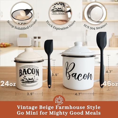 Ayerphalo 24oz Enamel Bacon Grease Container with Strainer, Farmhouse Beige