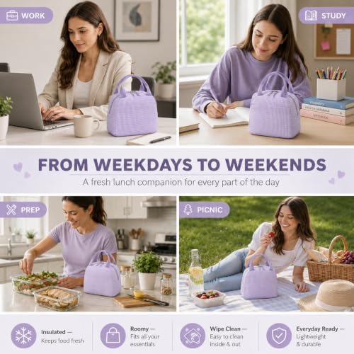 Bluboon Lunch Box for Women Cute Lunch Bag Reusable Insulated Lunch Bags Large Capacity Lunchbox Cooler for Work Picnic or Travel Gifts (Purple White checker, 10 x 7.5 x 8 inches)