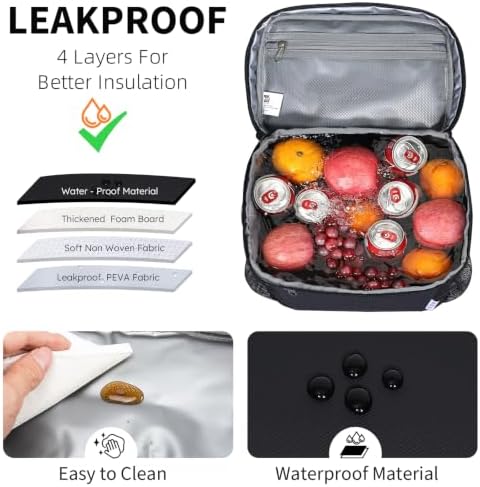 NOL Insulated Lunch Bag for Women Men Adults, Reusable Lunch Tote with Adjustable Shoulder Strap, Leakproof Thermal Food Cooler Bag with Front Pocket and Side Mesh Pockets for Work Travel, Black