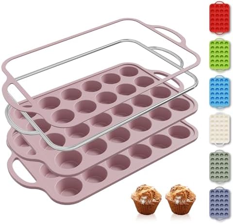 2 Packs 24 Cups Silicone Muffin Pan with Metal Reinforced Frame Mini Size Cupcake Pan Tray Egg Bites Silicone Circle Cookie Molds Muffin Tin Tart Pans Baking Sheet Set for Breakfast Sandwiches