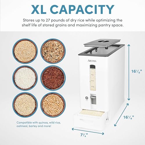 Aroma Housewares 27lbs Large Rice Dispenser, 7.25 x 16.5 x 16.5 inches, White