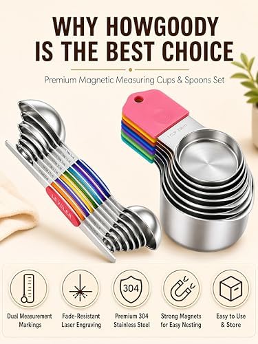 Magnetic Measuring Cups and Spoons Set304 Stainless Steel Dual Scale Set of 15, Strong N52 Magnetic Nesting Design with Leveler, for Dry&Liquid Ingredients, Dishwasher Safe(Colorful)