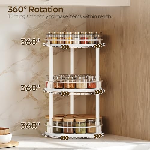 YATINEY Lazy Susan Organizer, Rotating Spice Rack, 3 Tier Spice Turntable Organizer, Industrial Turntable Spice Holder, for Kitchen Countertop and Cabinet, Compact and Versatile, White SR23WW