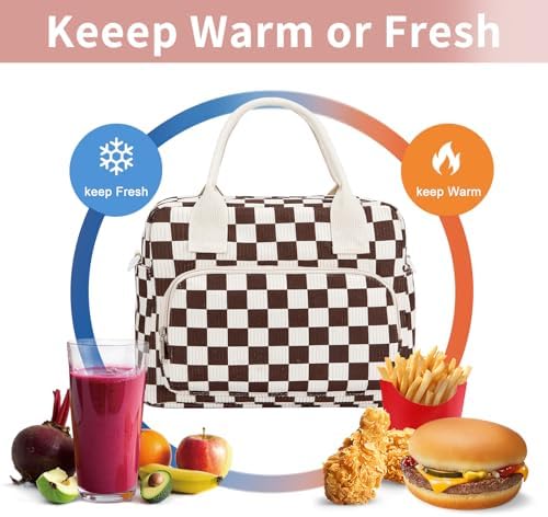 Lunch Bag Women Lunch Box for Women Adult Cute Insulated Lunch Bag Lager Cooler Lunch Tote Bags for Work Picnic (Coffee-White Plaid)