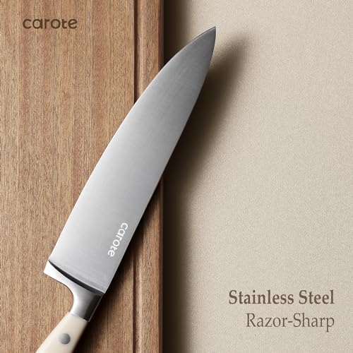 CAROTE 14-Piece Knife Set with Wood Block, Rust-Resistant, Cream