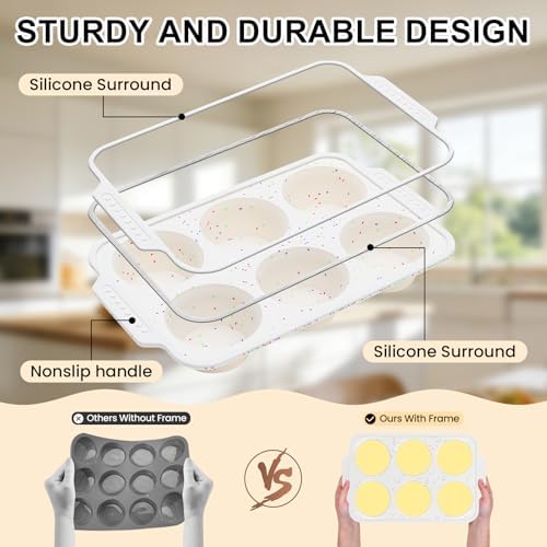 Vinino 12 Cup and 6 Cup Silicone Muffin Pans with Reinforced Frame, Cream