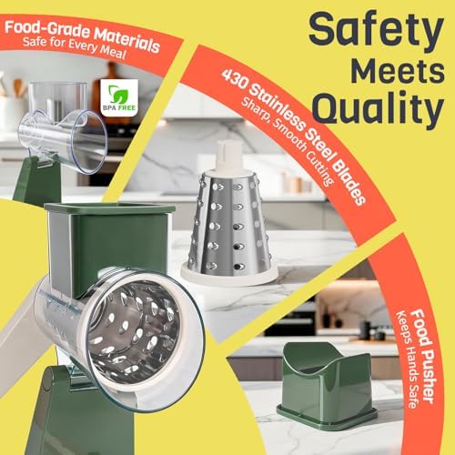 Upgraded Rotary Cheese Grater with 3 Interchangeable Stainless Steel Drums, One-Press Powerful Suction Manual Vegetable Shredder & Slicer for Kitchen, 15pcs Storage Bags Included, Olive Green