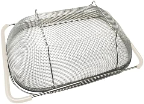 AJIODA Over The Sink Colander, 6 Quarts Stainless Steel Oval Colander with Expandable Rubber Grip Handle, Fine Mesh Strainer Baskets Kitchen Colanders for Strain, Drain, Rinse Vegetable, Fruits, Beige