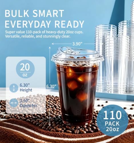 110 Pack 20 oz Disposable Clear Plastic Iced Coffee Cups with Lids