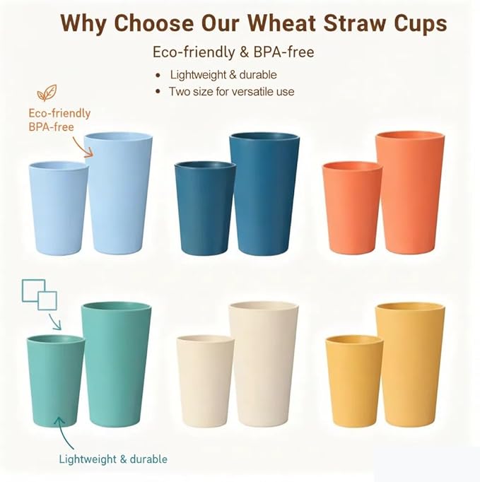 12 Pack Premium Wheat Straw Cups, 6 Pcs 20 oz & 6 Pcs 10 oz Unbreakable Drinking Cups, Alternative to Plastic Cups Sets, Reusable Water Glasses Tumbler, Microwave & Dishwasher Safe, Bpa Free, 6 Colors