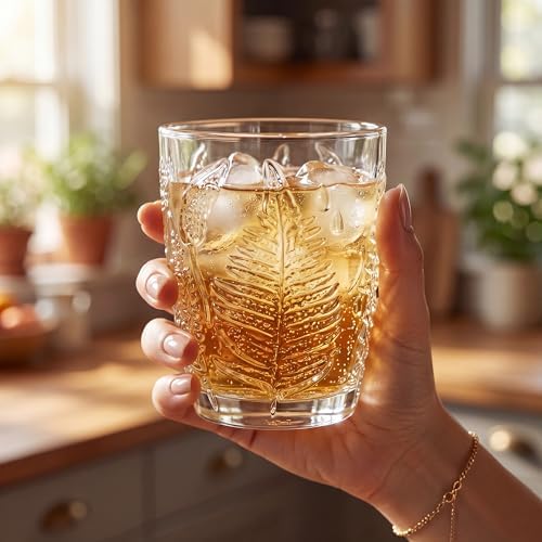 Clear Drinking Glasses Set of 4, 10 oz Glass Cups, Vintage Fern Glassware