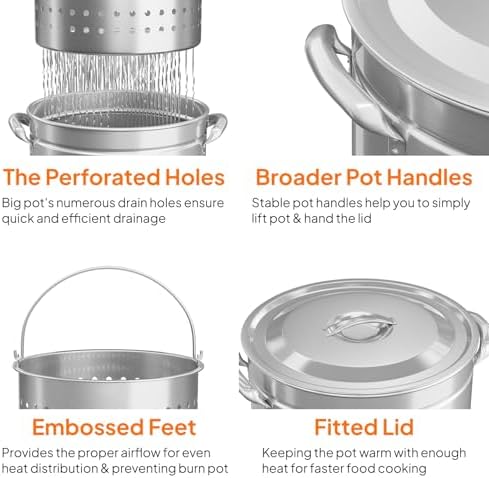 Bonnlo 102QT Stainless Steel Stock Pot for Boiling Seafood, Crawfish lobster & Crab, Frying Turkey & Steaming Tamales, Large Boil Pot with Steamer Basket, Lid, Lifting Hook for Outdoor Cooking Patio
