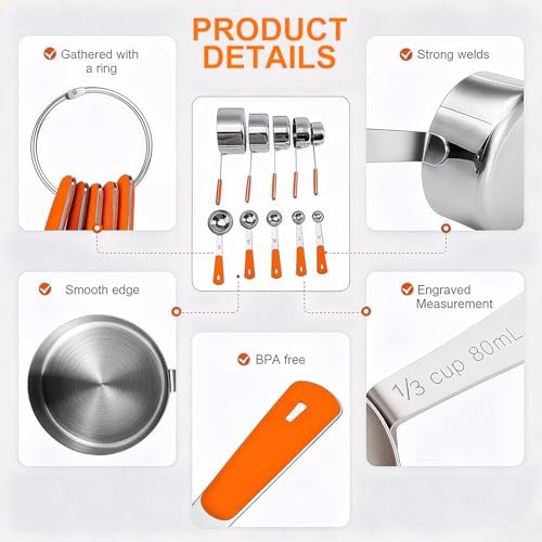 Bopei 10-Pcs Stainless Steel Measuring Cups & Spoons Set, Orange Handles
