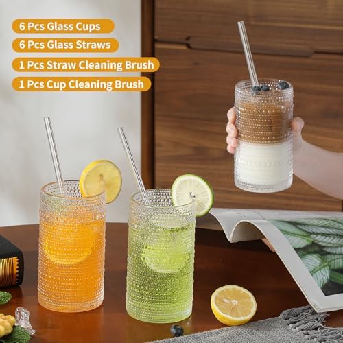 Vintage Hobnail Drinking Glasses Set of 6, 16 oz Large Capacity Embossed Clear Tumblers, Highball Glasses for Water, Cocktail, Beer, Whiskey, Kitchen & Bar Use